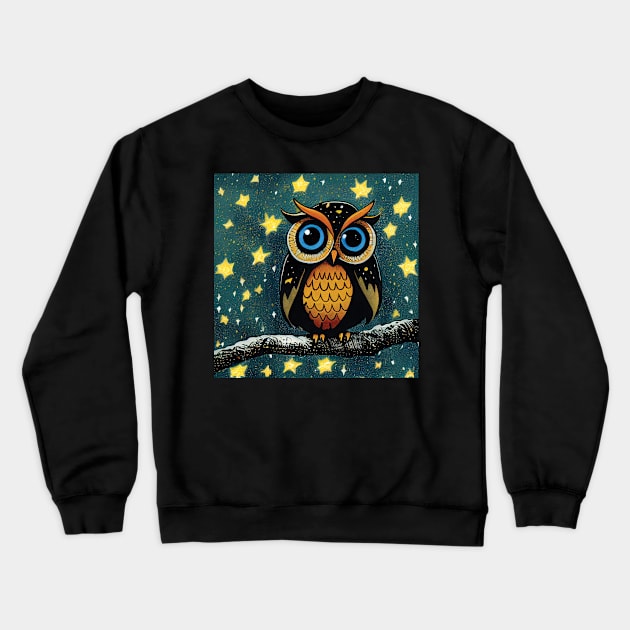 Owl with big Blue eyes and Stars Crewneck Sweatshirt by Geminiartstudio